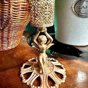 Revlon Hollywood Regency Gold Filigree Brass Cherub Angel Metal Candle Holder